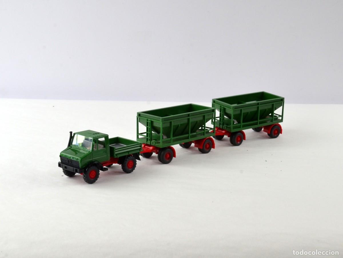 Coches a escala: Wiking Escala 1:87 H0 Unimog con dos Remolques Tolva