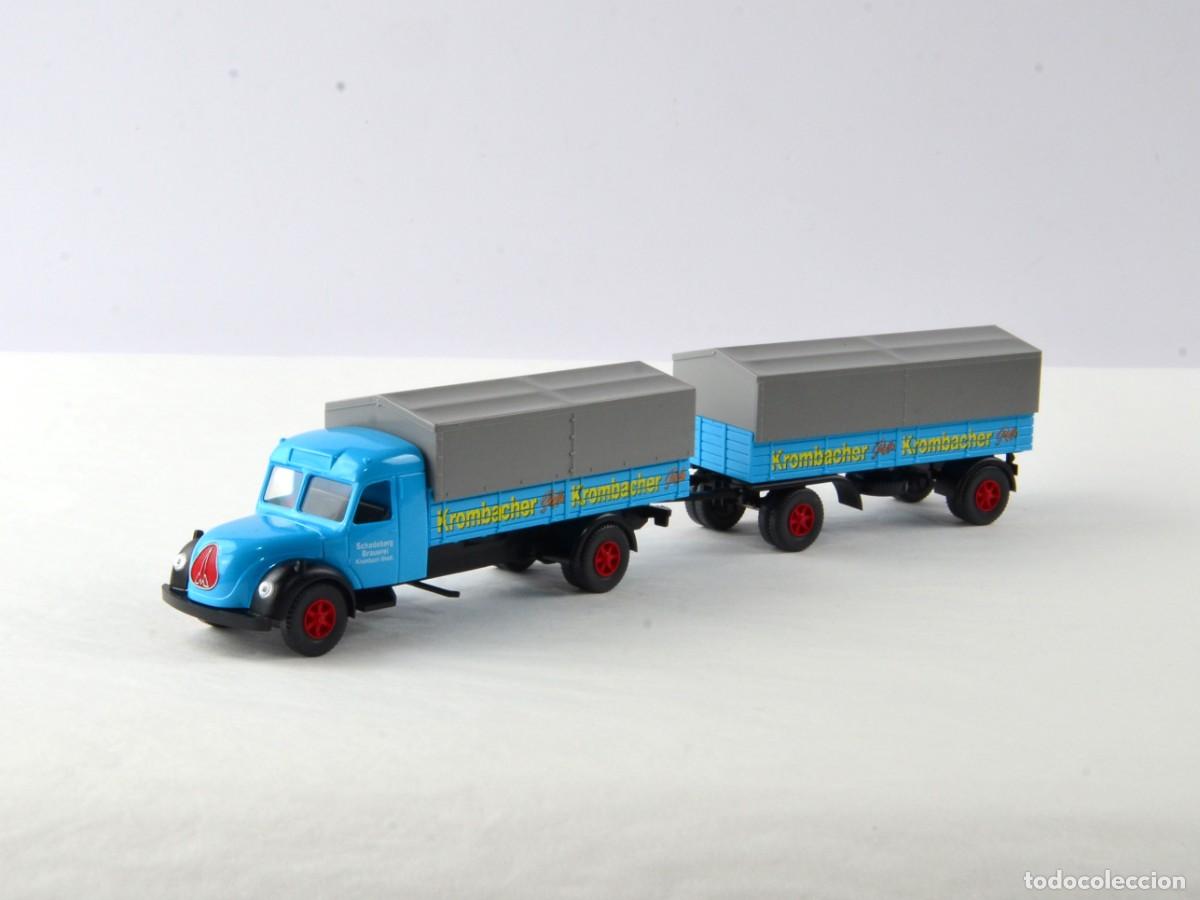 Coches a escala: Wiking Escala 1:87 H0 Magirus Deutz S7500 con Remolque Krombacher Impecable con Caja