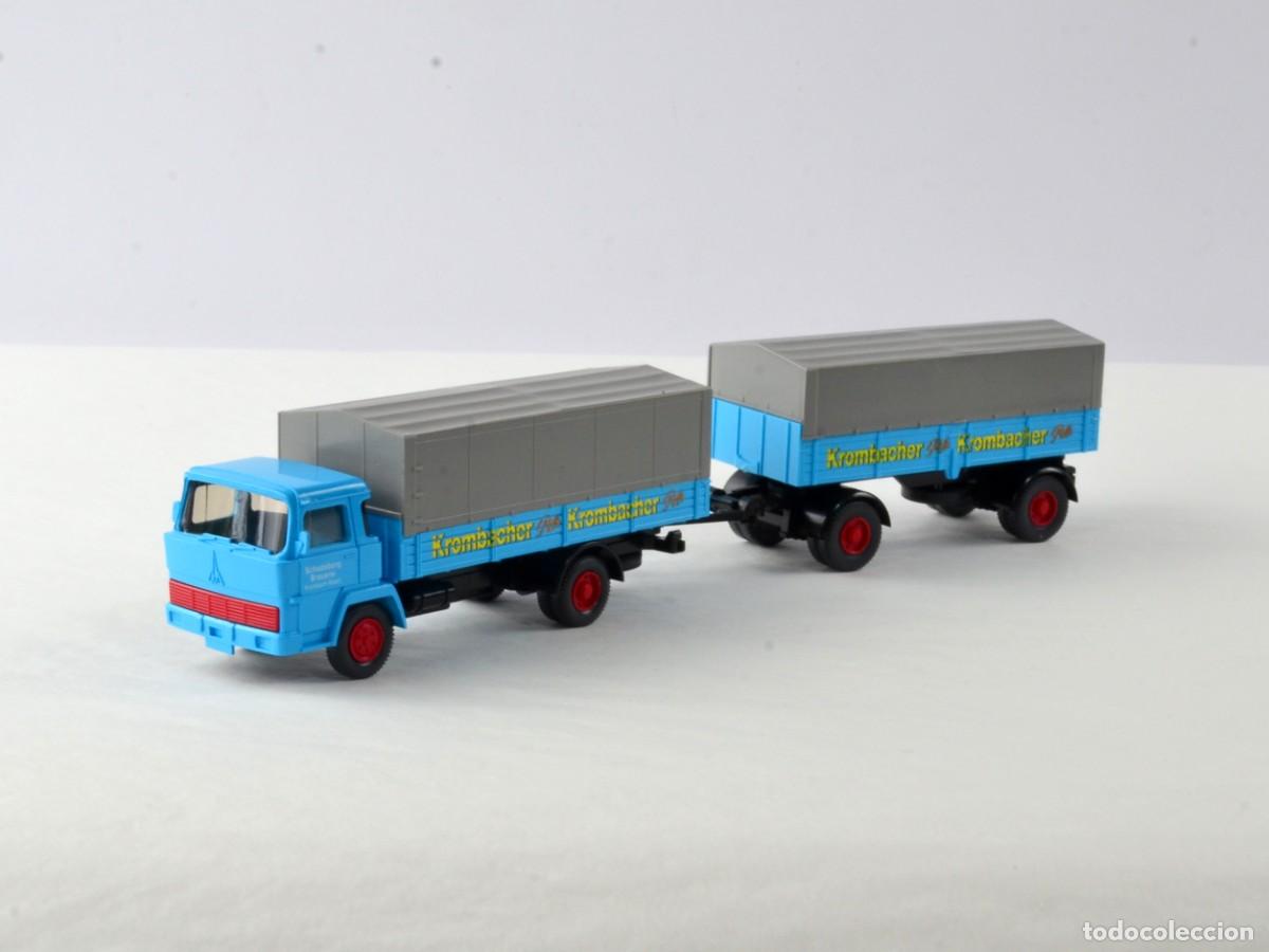 Coches a escala: Wiking Escala 1:87 H0 Magirus Deutz 100D7 con Remolque Krombacher Impecable con Caja