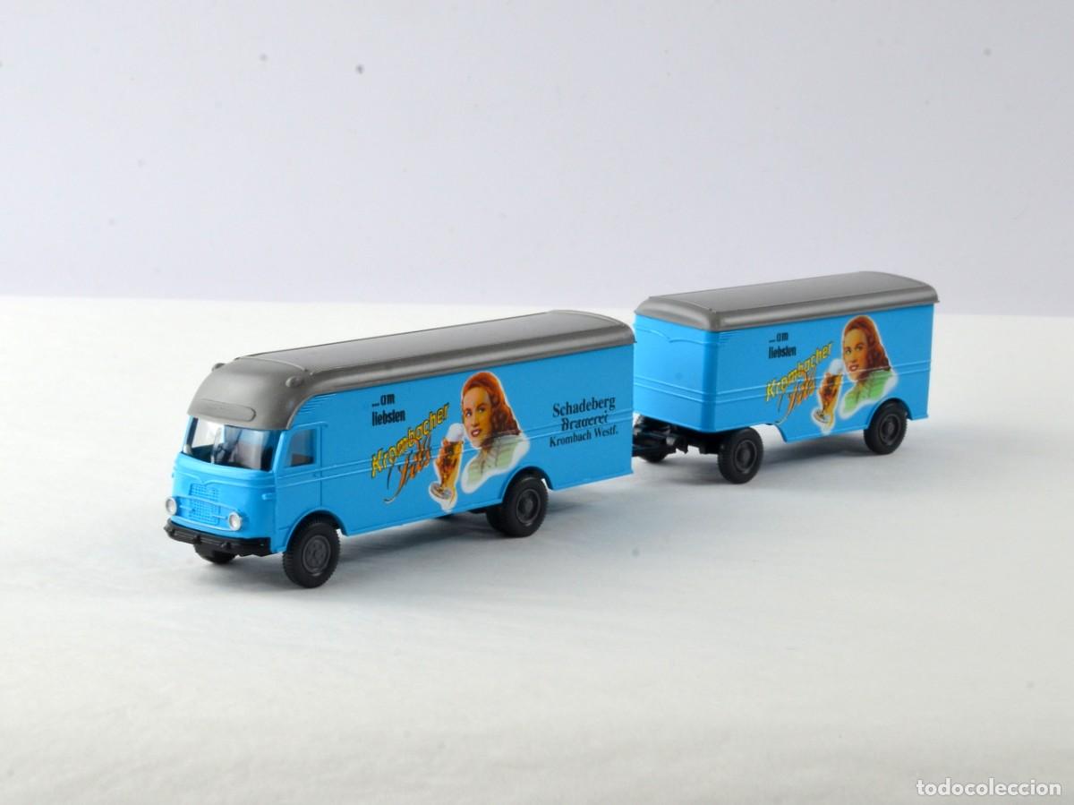 Coches a escala: Wiking Escala 1:87 H0 Mercedes Benz LP312 con Remolque Krombacher Impecable con Caja