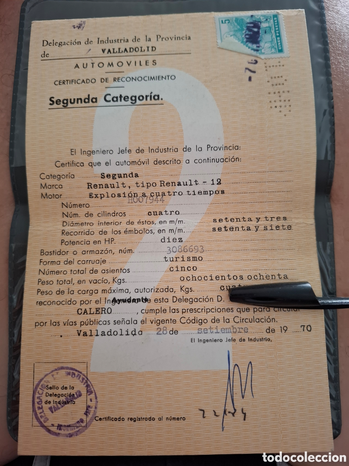 Coches: CERTIFICADO DE RECONOCIMIENTO RENALULT 12 A&Ntilde;O 1970 EN EXCELENTE ESTADO COMO NUEVO JEFATURA TRAFICO