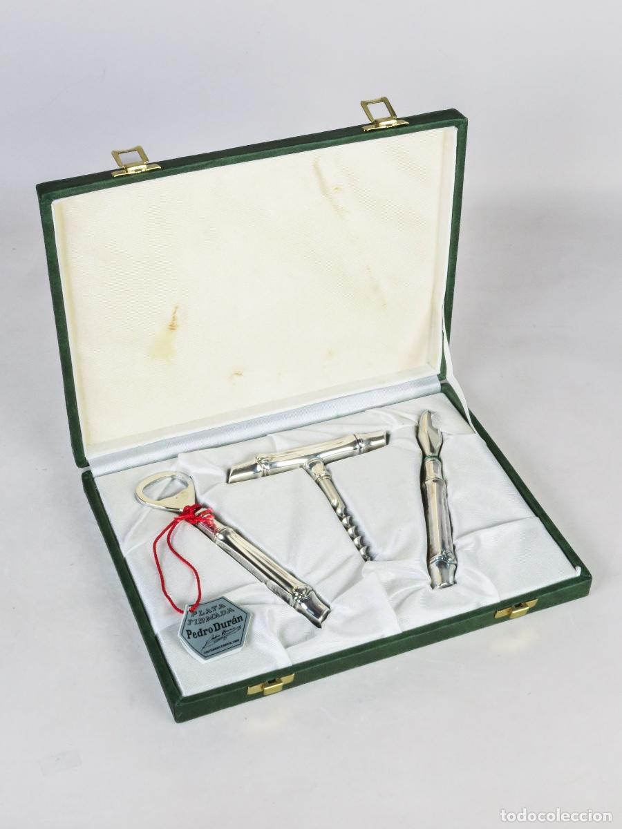 Abrebotellas y sacacorchos de colecci&oacute;n: Juego abrebotellas sacacorchos set de bar plata de ley bamb&uacute; Pedro Duran en estuche original