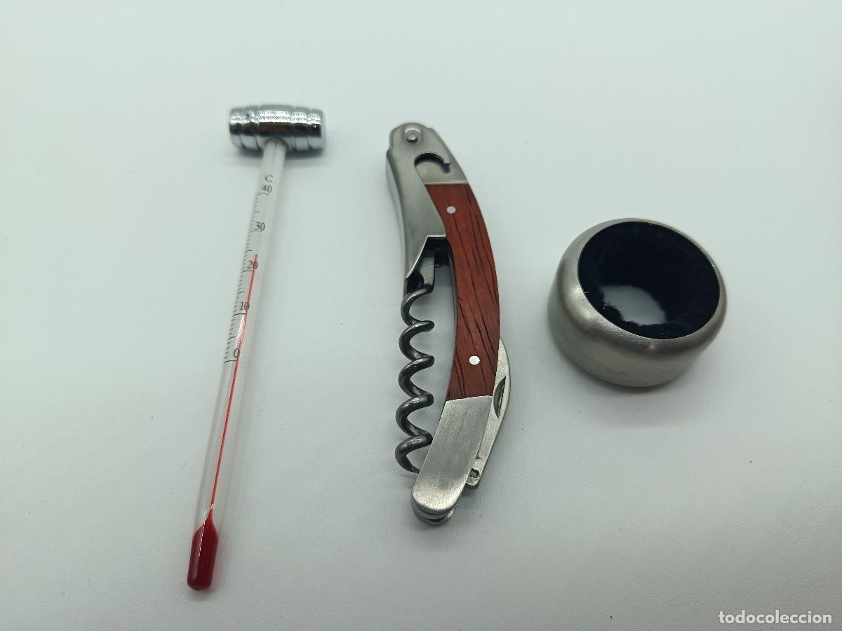 Abrebotellas y sacacorchos de colecci&oacute;n: JUEGO ACCESORIOS PARA VINO. SACACORCHOS, TERMOMETRO Y ANILLA ANTIGOTEO. SIN ESTUCHE. MYJ.