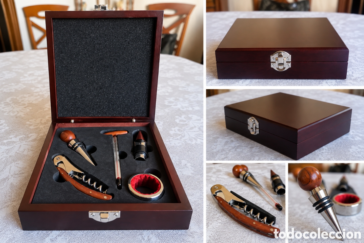 Abrebotellas y sacacorchos de colecci&oacute;n: Set de vino de 5 piezas con estuche de madera elegante