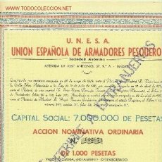 Coleccionismo Acciones Españolas: ACCIÓN PESCA ARMADORES ESPAÑOLES - UNESA 1959 - SIGNADA JOAQUIN LOREDO - ARMADOR EN VIGO.. Lote 261172970