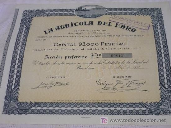 Coleccionismo acciones espa&ntilde;olas: La agricola del Ebro - Foto 1