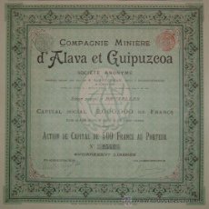 Coleccionismo Acciones Españolas: COMPAÑÍA MINERA DE ÁLAVA Y GUIPÚZCOA, VILLAREAL / SALINAS DE LÉNIZ / ASTEASU / ZARAUTZ (1898). Lote 51471170