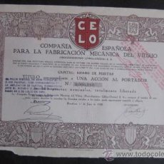 Coleccionismo Acciones Españolas: ACCION. COMPAÑIA ESPAÑOLA FABRICACION MECANICA DEL VIDRIO -CELO- 1928. ENVIO GRATIS¡¡¡. Lote 14351893