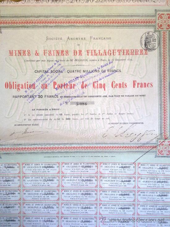 Collectionnisme Actions Espagne: MINES & USINES DE VILLAGUTIERREZ - 1872 (BURGOS / CIUDAD REAL)