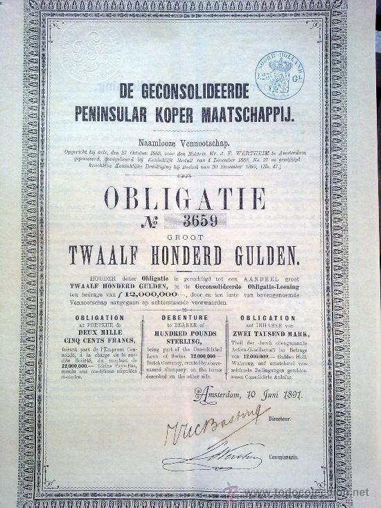 Collectionnisme Actions Espagne: PENINSULAR KOPER MAATSCHAPPIJ (COMPA&Ntilde;&Iacute;A PENINSULAR DEL COBRE) NERVA, HUELVA 1891
