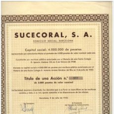 Coleccionismo Acciones Españolas: TITULO DE UNA ACCION (577). SUCECORAL. BARCELONA. 1952. MAGNIFICA . Lote 28855411