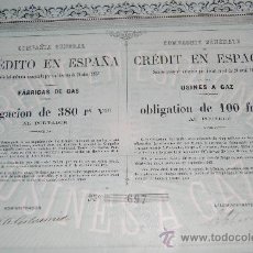Coleccionismo Acciones Españolas: ACCIÓN COMPAÑÍA GRAL. CRÉDITO EN ESPAÑA - FÁBRICAS DE GAS - OBLIGACION 380 REALES VELLÓN - 1856. Lote 28866299