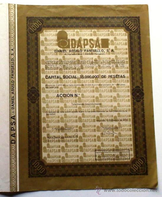 Coleccionismo acciones espa&ntilde;olas: DAPSA DANIEL AGUILO PANISELLO, S. A. - Foto 1
