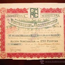 Coleccionismo Acciones Españolas: ACCIÓN COOPERATIVA MADRILEÑA MATERIALES DE CONSTRUCCIÓN CM DE MC. MADRID, 1923. Lote 291160898