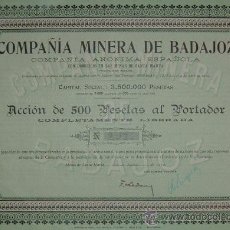 Coleccionismo Acciones Españolas: COMPAÑÍA MINERA DE BADAJOZ, MINAS DE SANTA MARTA DE LOS BARROS (1912)