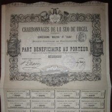 Coleccionismo Acciones Españolas: ACCIÓN CHARBONNAGES DE LA SEO DE URGEL (ESPAGNE). BARCELONA, 1893. . Lote 32211513