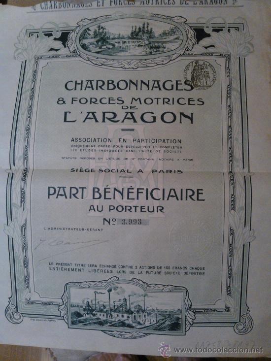 Coleccionismo acciones espa&ntilde;olas: CARBONES Y FUERZAS MOTRICES DE ARAG&Oacute;N (1908 ?)