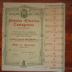 Coleccionismo Acciones Españolas: ACCIÓN POPULAR ELÉCTRICA CARTAGENERA. CARTAGENA, 1910