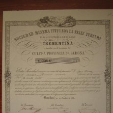 Coleccionismo Acciones Españolas: ACCIÓN SOCIEDAD MINERA LA FELIZ TERCERA.MINA TREMENTINA (CULERA, GERONA). BARCELONA, 1851. Lote 34220641