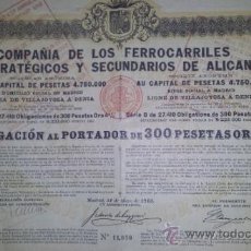 Coleccionismo Acciones Españolas: ACCION CIA FERROCARRILES SECUNDARIOS Y ESTRATEGICOS DE ALICANTE - OBLIGACION 300 PTA ORO AL 4% 1913. Lote 362307755