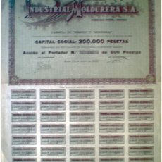 Coleccionismo Acciones Españolas: 1930.- ACCION AL PORTADOR DE 500 PTA. DE INDUSTRIAL MOLDURERA, S.A. SEDE EN MADRID.. COMPLETA CON 40. Lote 37074946