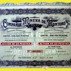 Coleccionismo Acciones Españolas: 1910.- ACCIÓN DE 50 PTAS. DE ”COMPAÑIA MINERA DE MONTORO, S.A.” COMPLETA CON 24 CUPONES.. Lote 37455369