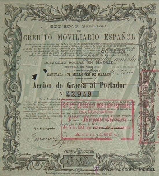 SOCIEDAD GENERAL DE CRÉDITO MOVILIARIO ESPAÑOL, MADRID (1875) ANTECEDENTE DE BANESTO (Coleccionismo - Acciones Españolas)