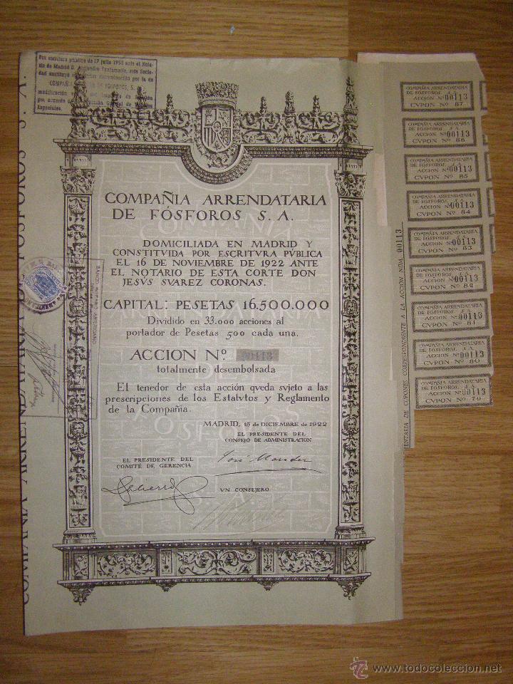 Coleccionismo acciones espa&ntilde;olas: Accion Compa&ntilde;ia Arrendataria de F&oacute;sforos, S.A. - A&ntilde;o 1922 -