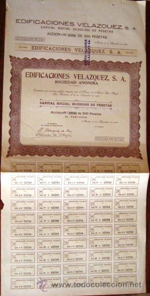 Coleccionismo acciones espa&ntilde;olas: ACCI&Oacute;N EDIFICACIONES VELAZQUEZ. MADRID 1946. . - Foto 1