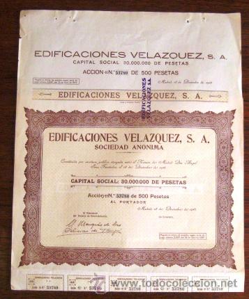 Coleccionismo acciones espa&ntilde;olas: ACCI&Oacute;N EDIFICACIONES VELAZQUEZ. MADRID 1946. . - Foto 2