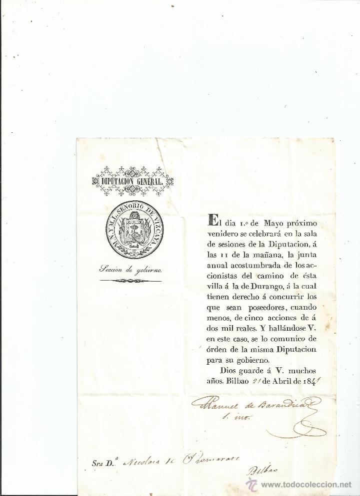 Collectionnisme Actions Espagne: 1841 - VIZCAYA - ACCIONES - CAMINO DE HIERRO DE BILBAO A DURANGO - MANUEL DE BARANDIARAN