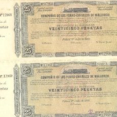 Coleccionismo Acciones Españolas: RARA PAREJA CORRELATIVA FERROCARRILES MALLORCA OBLIGACION MATRIZ ORIGINAL 25 PTAS 1 JULIO 1885