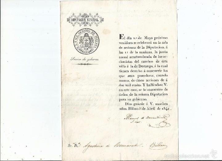 Collectables Spanish Shares: JUNTA DE ACCIONISTAS - CAMINO DE HIERRO DE BILBAO A DURANGO - MANUEL DE BARANDIARAN 1840