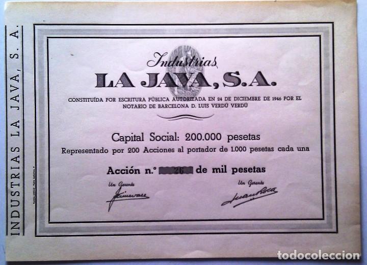 Coleccionismo acciones espa&ntilde;olas: INDUSTRIAS LA JAVA, S. A. - Foto 1