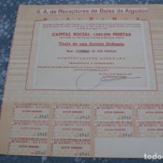 Coleccionismo Acciones Españolas: ACCION DE S.A. DE RECEPTORES DE BALAS DE ALGODON - SARBA DEL 22 DE AGOSTO DE 1959 BARCELONA. Lote 97569847