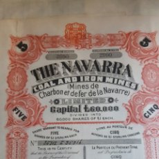 Coleccionismo Acciones Españolas: ACCION MINAS THE NAVARRA COAL AND IRON MINES 1905. Lote 99809427
