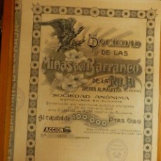 Coleccionismo Acciones Españolas: ANTIGUA ACCIÓN - MINAS DEL BARRANCO DE LA RAJA - SIERRA ALMAGRERA - ALMERÍA - 1909 - C/ CUPONES -