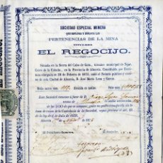 Collezionismo Azioni Spagnole: ALMERIA CABO DE GATA SOC ESP MINERA EL REGOCIJO 100 EN 1/2 ALMERIA 1872 . Lote 142189442