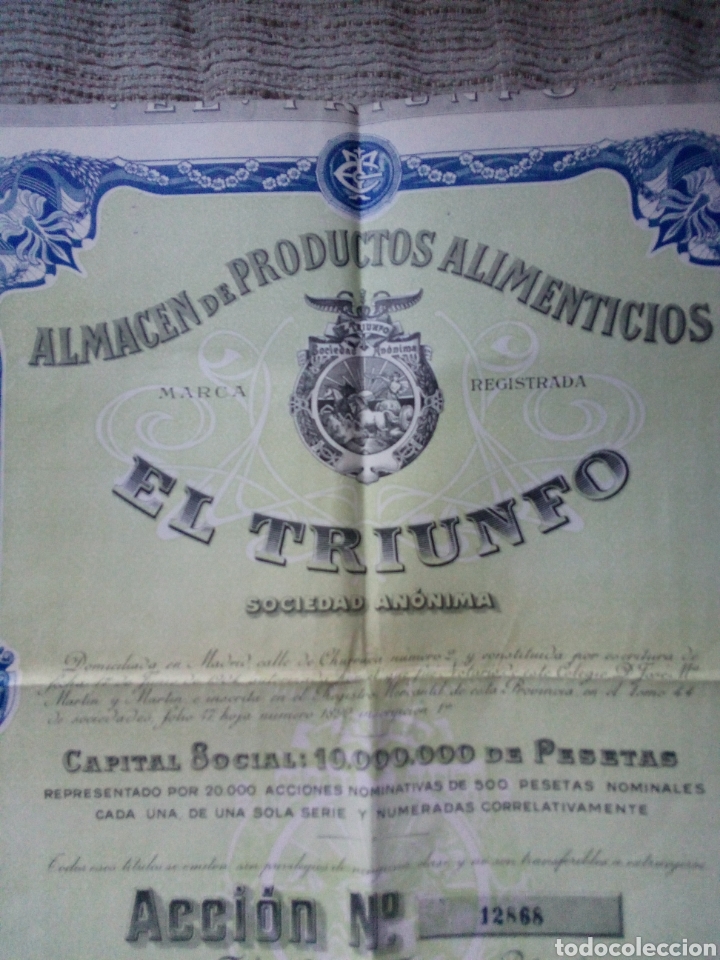 Coleccionismo Acciones Espa&ntilde;olas: Acci&oacute;nes de 500 pesetas de La Espa&ntilde;a Industrial, Sociedad An&oacute;nima el Triunfo. Domiciliada en Madrid