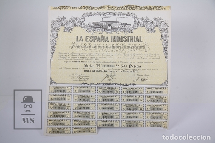Sammeln von spanischen Wertpapieren: Acci&oacute;n - La Espa&ntilde;a Industrial / Sociedad An&oacute;nima Fabril y Mercantil - A&ntilde;o 1973 - 500 Pesetas