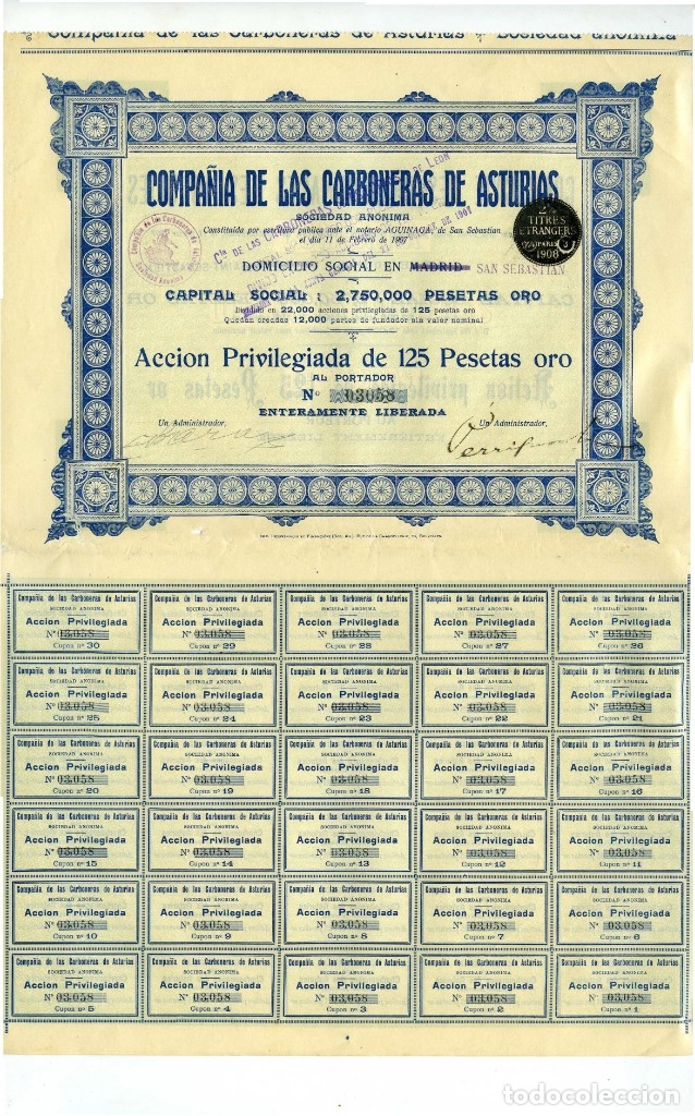 Sammeln von spanischen Wertpapieren: COMPA&Ntilde;&Iacute;A DE LAS CARBONERAS DE ASTURIAS, S.A. Acci&oacute;n privilegiada. San Sebasti&aacute;n 1907. EBC