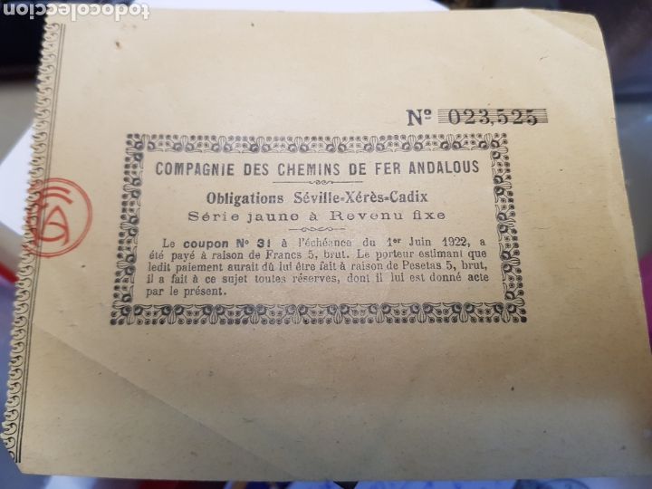 Collectables Spanish Shares: Cup&oacute;n obligaci&oacute;n ferrocarriles andaluces Sevilla-Jerez-C&aacute;diz 1922