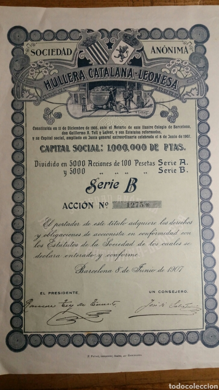 Colecionismo A&ccedil;&otilde;es Espanholas: HULLERA CATALANA - LEONESA, S. A. 1907