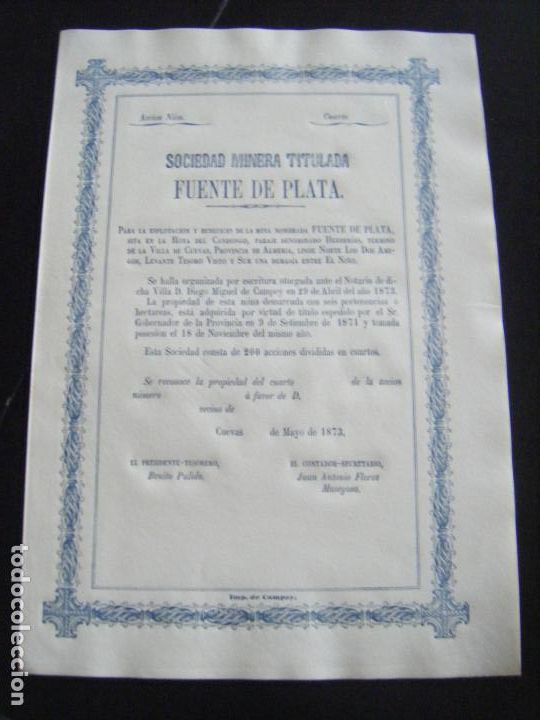 Coleccionismo acciones espa&ntilde;olas: JML ACCI&Oacute;N MINERA DE MINAS FUENTE DE PLATA LAS HERRERIAS CUEVAS DE VERA ALMERIA INTONSA 1873