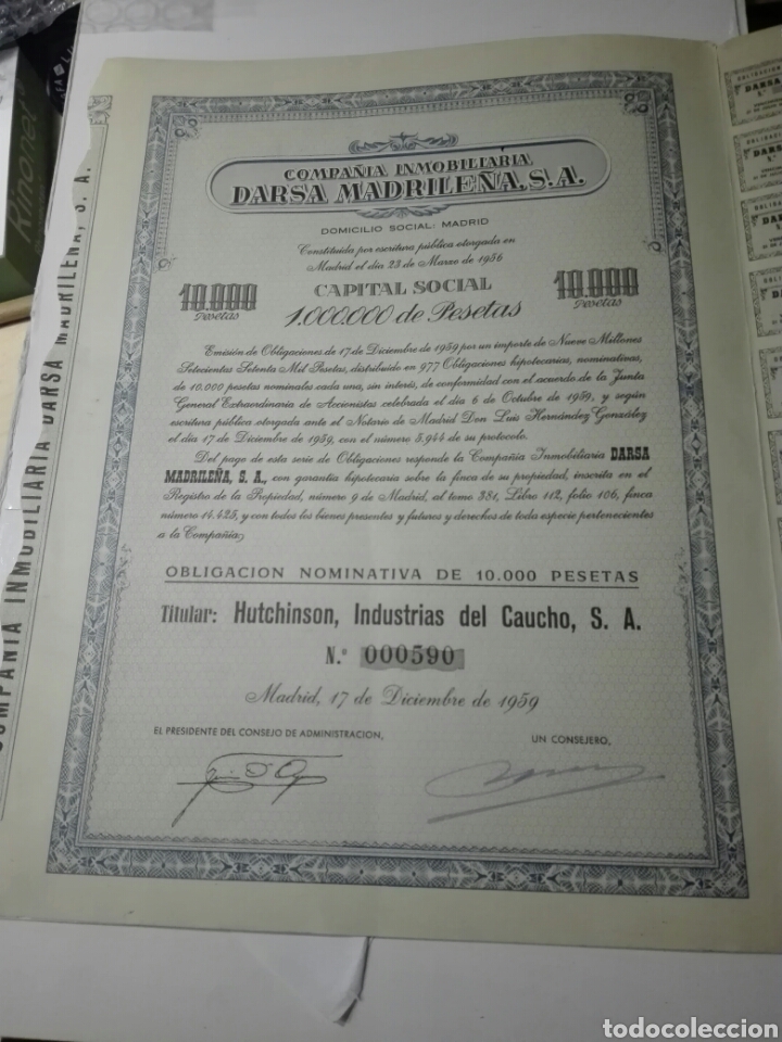 Collezionismo Azioni Spagnole: 1959- OBLIGACION NOMINATIVA DE 10000 PESETAS DE COMPA&Ntilde;IA INMOBILIARIA DARSA MADRILE&Ntilde;A, SA
