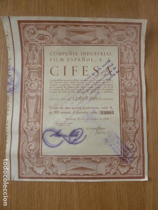 Sammeln von spanischen Wertpapieren: cifesa accion espa&ntilde;ola original antigua 17 x 20 cm