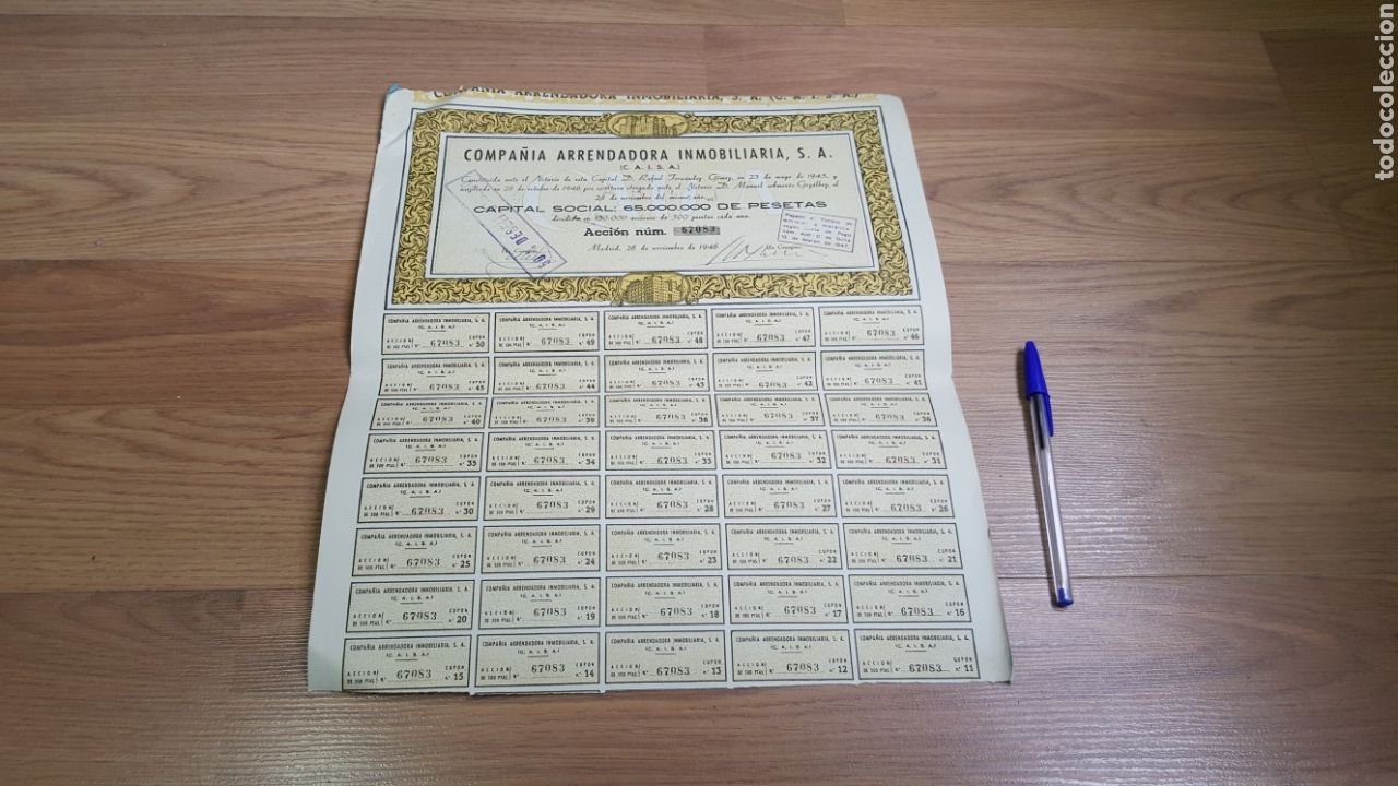 Collezionismo Azioni Spagnole: Acci&oacute;n n&ordm; 67082 Compa&ntilde;&iacute;a arrendadora Inmobiliaria. Madrid 1946