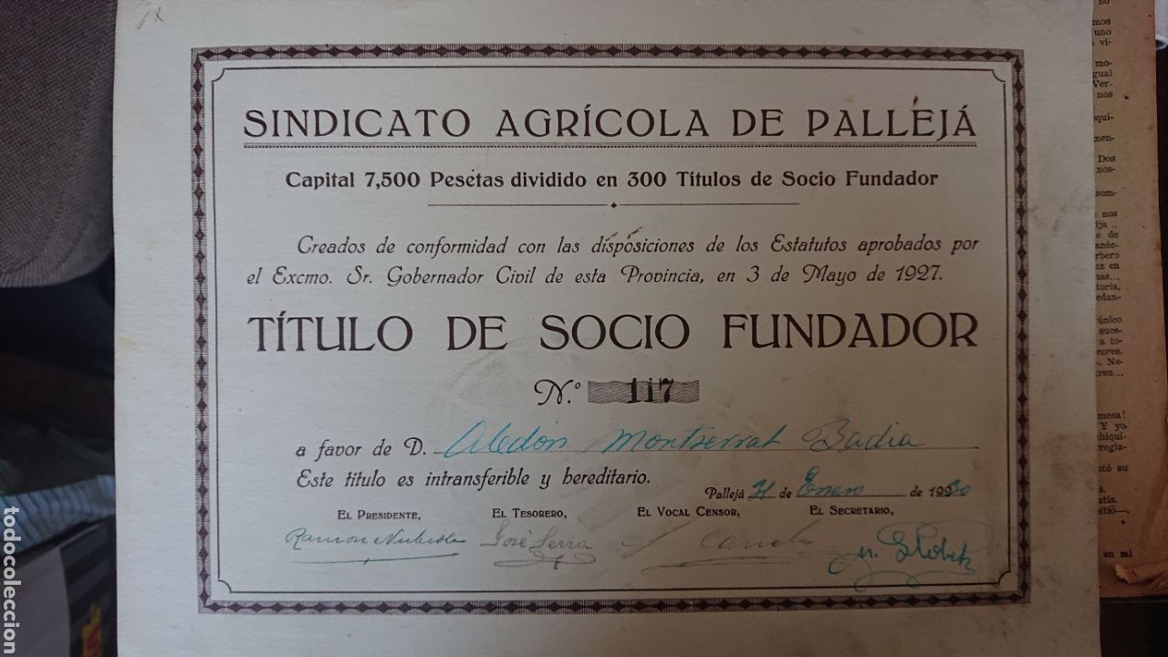 Coleccionismo Acciones Espa&ntilde;olas: SINDICATO AGRICOLA DE PALLEJA TITULO DE SOCIO FUNDADOR A&Ntilde;O 1930