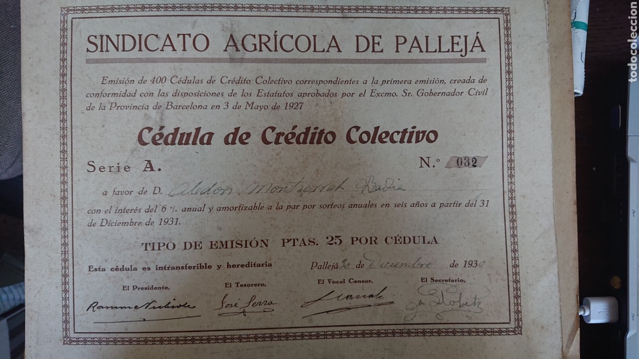 Coleccionismo Acciones Espa&ntilde;olas: SINDICATO AGRICOLA DE PALLEJA CEDULA DE CREDITO COLECTIVO AŃO 1930