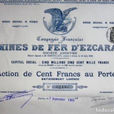 Coleccionismo Acciones Españolas: ACCIÓN MINES DE FER D'EZCARAY S.A. 1908. Lote 215915292